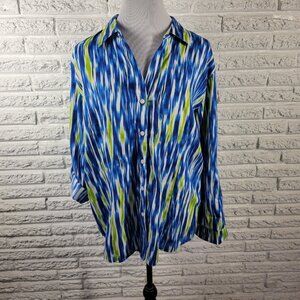 Westbound Women's XL Blue Watercolor Collared Button Up Roll Tab Long WAT9XE